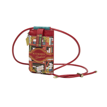 Phone case with book-themed design and red strap on a white background