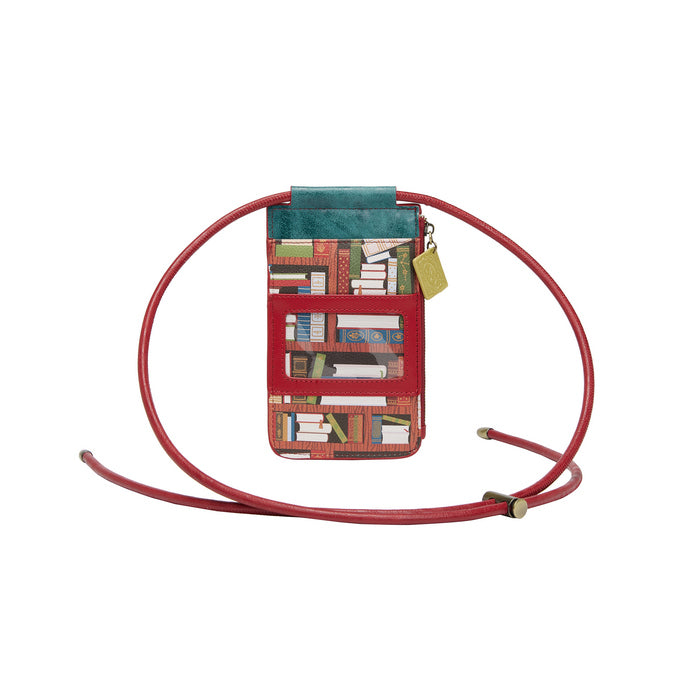 Phone case with book design on a red strap against a white background