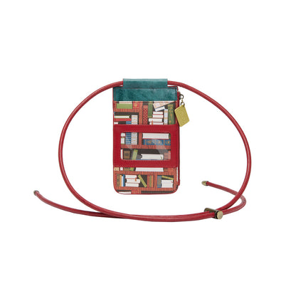 Phone case with book design on a red strap against a white background
