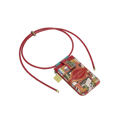 Colorful phone case with a red strap on a white background