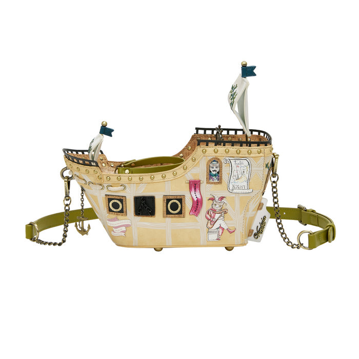 Pirate ship-shaped handbag with character illustrations on a white background