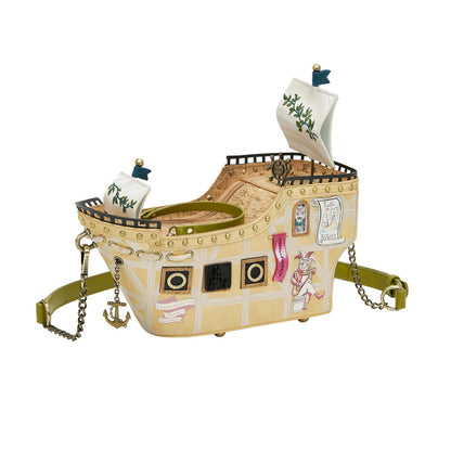 Pirate ship-shaped bag with decorative elements on a white background