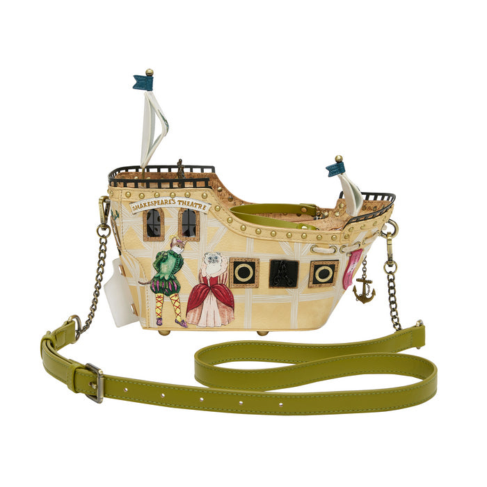 Pirate ship-shaped handbag with a chain strap on a white background