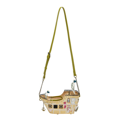 Pirate ship-shaped handbag with a green strap on a white background