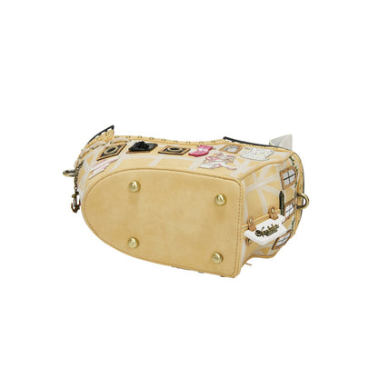 Beige handbag with decorative elements on a white background