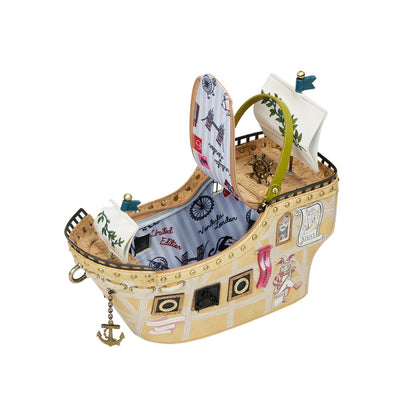 Decorative ship model with open hatch on a white background