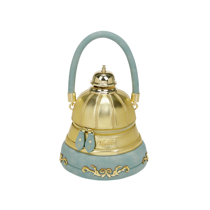 Decorative bell with gold accents and a light blue base on a white background