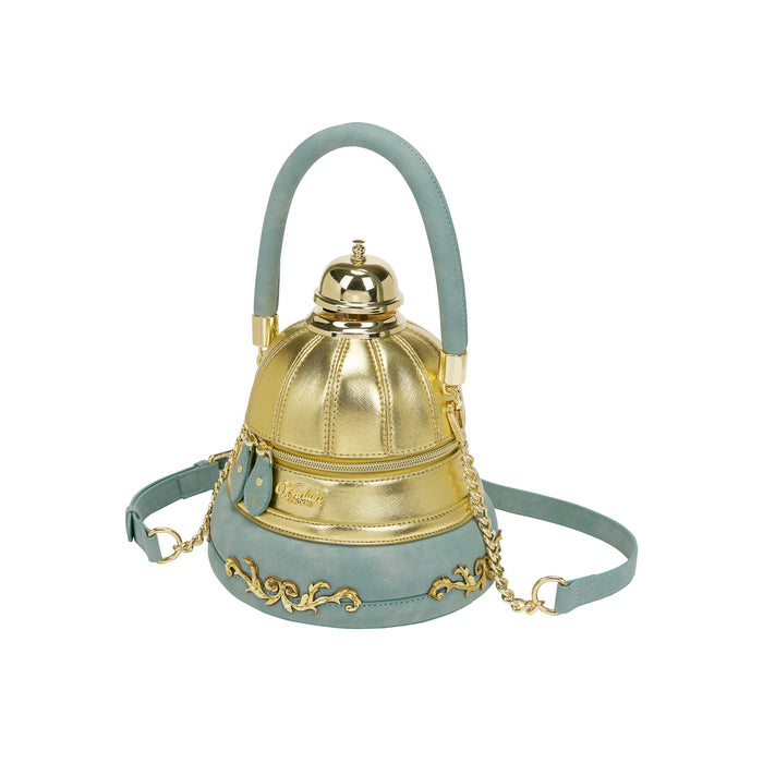 Gold and light blue handbag with decorative elements on a white background