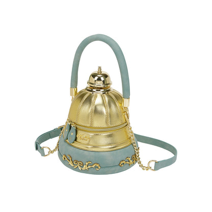 Gold and light blue handbag with decorative elements on a white background