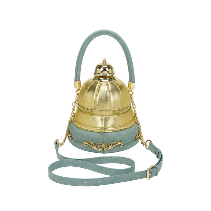 Gold and light blue handbag with a chain strap on a white background