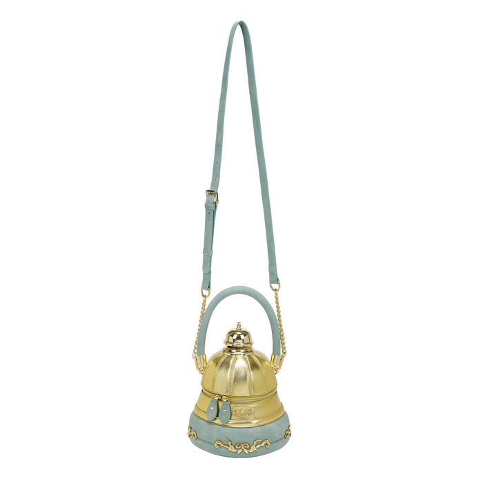 Gold and green bell-shaped ornament with a strap on a white background