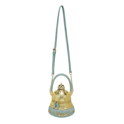 Gold and green bell-shaped ornament with a strap on a white background