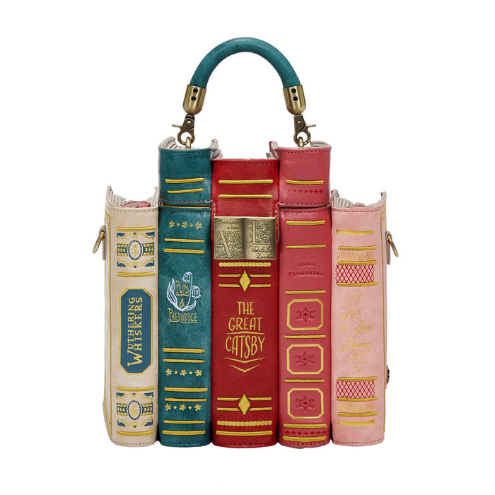 Book-shaped handbag with a turquoise handle on a white background