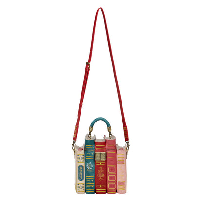 Book-shaped handbag with a strap on a white background