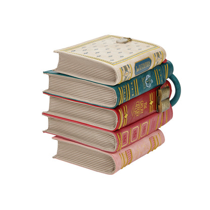 Stack of decorative books with colorful spines on a white background