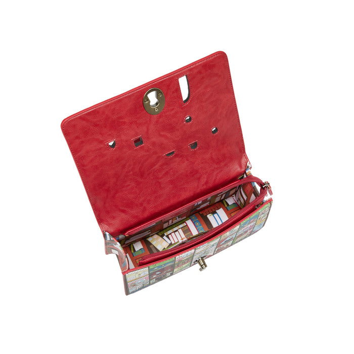 Red jewelry box with a patterned interior on a white background