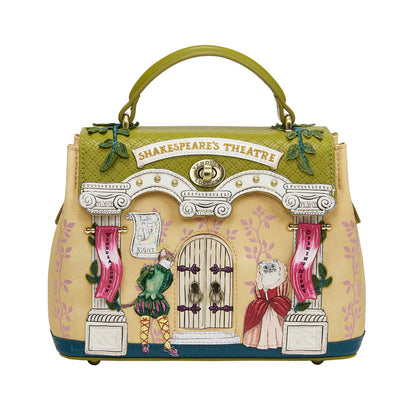 Handbag designed with a theatrical scene and 'Shakespeare's Theatre' text on a white background
