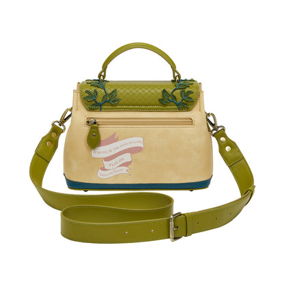 Beige handbag with green accents and floral details on a white background