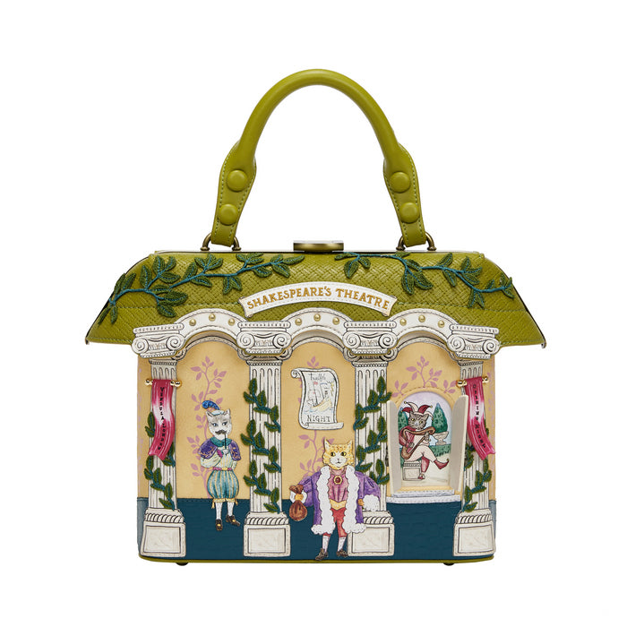 Handbag with decorative design of a theater scene and 'Shakespeare's Theatre' text on a white background
