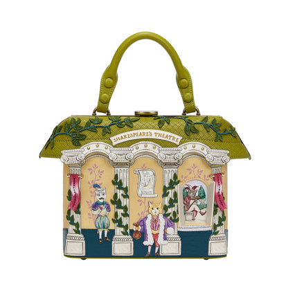 Handbag with decorative design of a theater scene and 'Shakespeare's Theatre' text on a white background