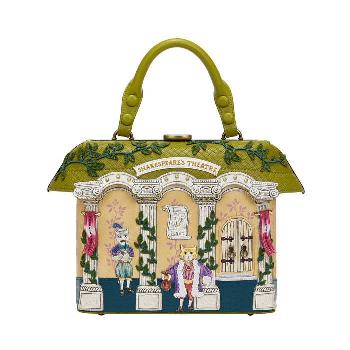 Decorative handbag with theater-themed design on a white background