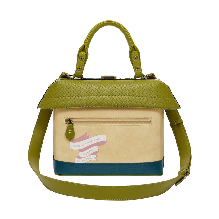 Green and beige handbag with a strap on a white background