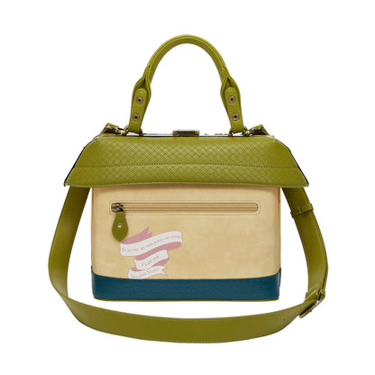 Green and beige handbag with a strap on a white background