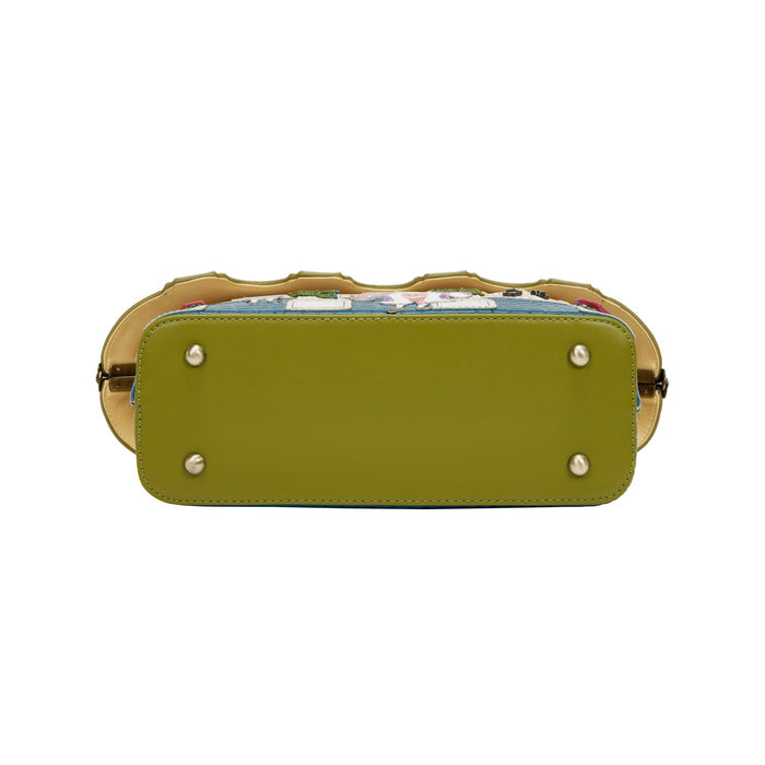 Green handbag with gold accents on a white background