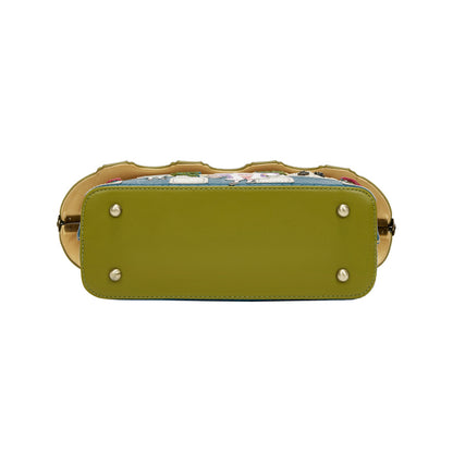 Green handbag with gold accents on a white background