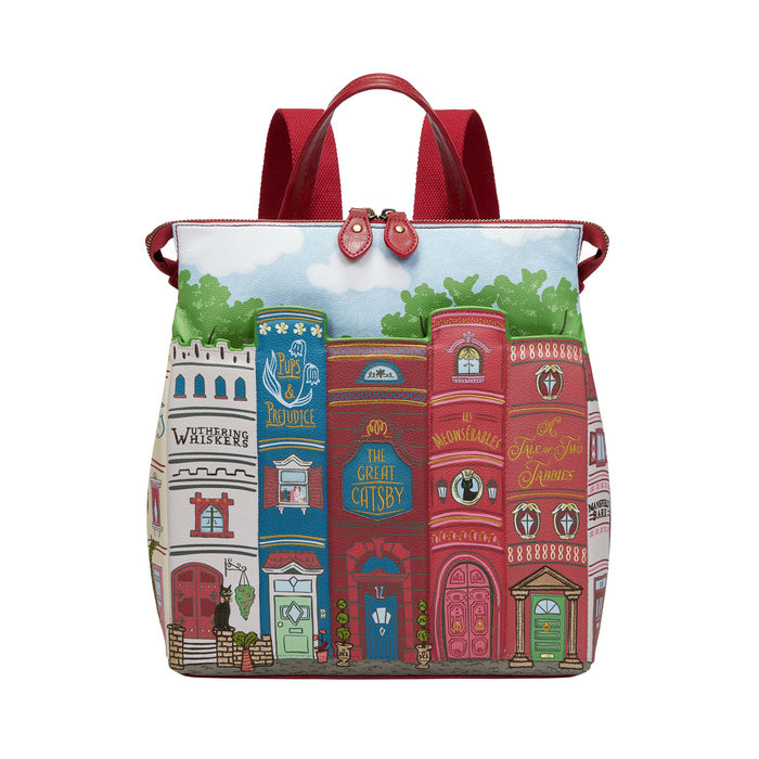 Backpack with book-themed design on a white background