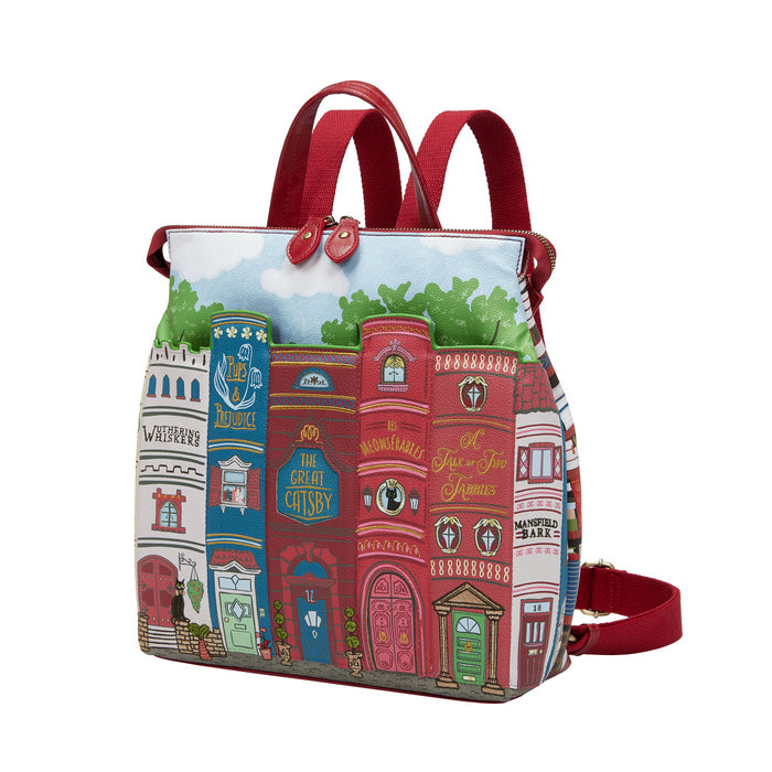 Backpack with colorful bookshelf design on a white background