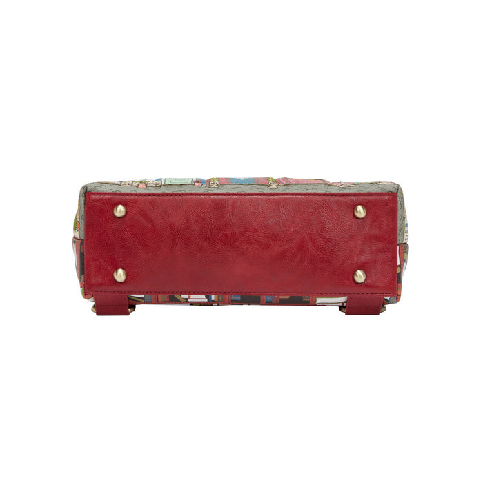 Red handbag with floral pattern on a white background