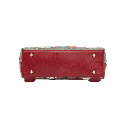 Red handbag with floral pattern on a white background