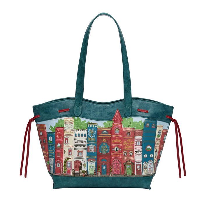 Tote bag with colorful architectural design on a white background