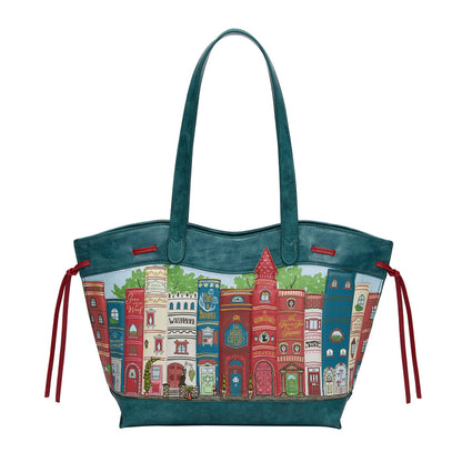 Tote bag with colorful architectural design on a white background