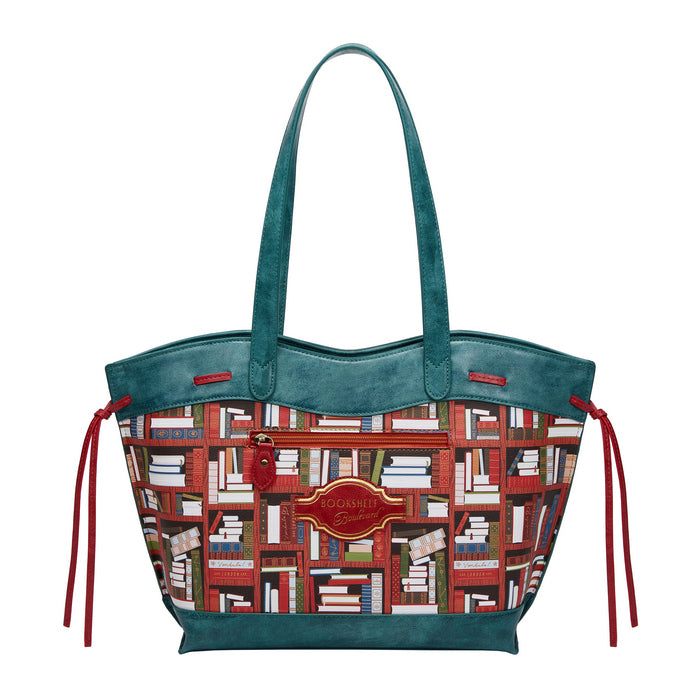 Tote bag with bookshelf pattern and teal top handle on a white background