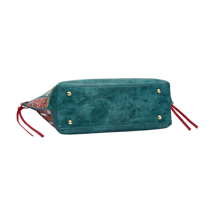 Green handbag with red straps on a white background