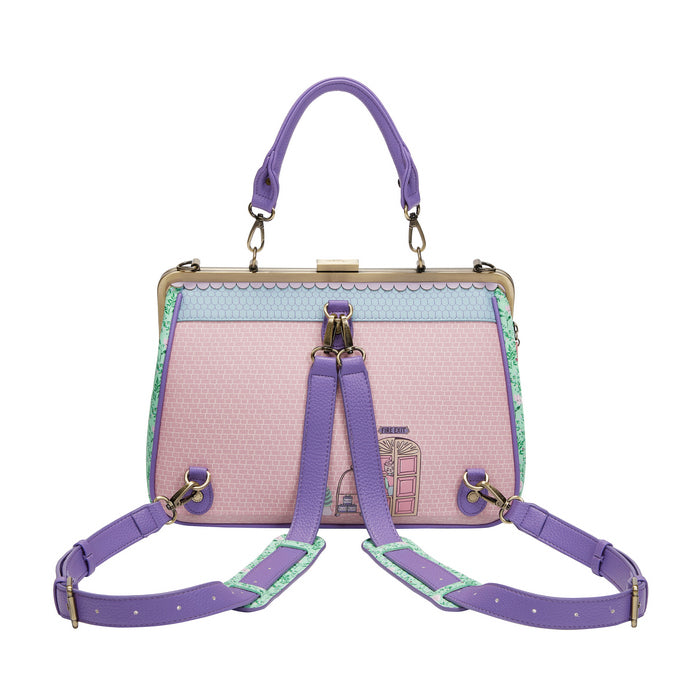 Handbag with a pink and purple design on a white background