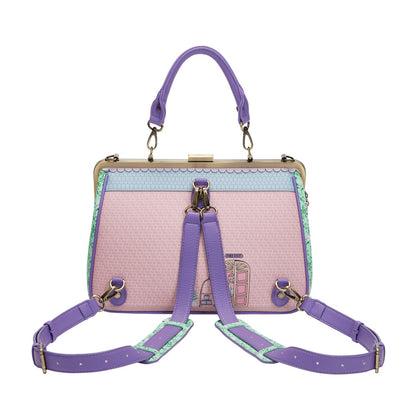 Handbag with a pink and purple design on a white background