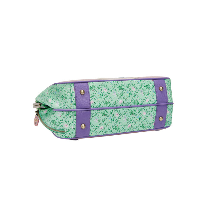 Green floral-patterned suitcase with purple accents on a white background