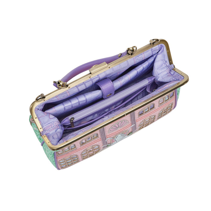 Colorful handbag with intricate design on a white background