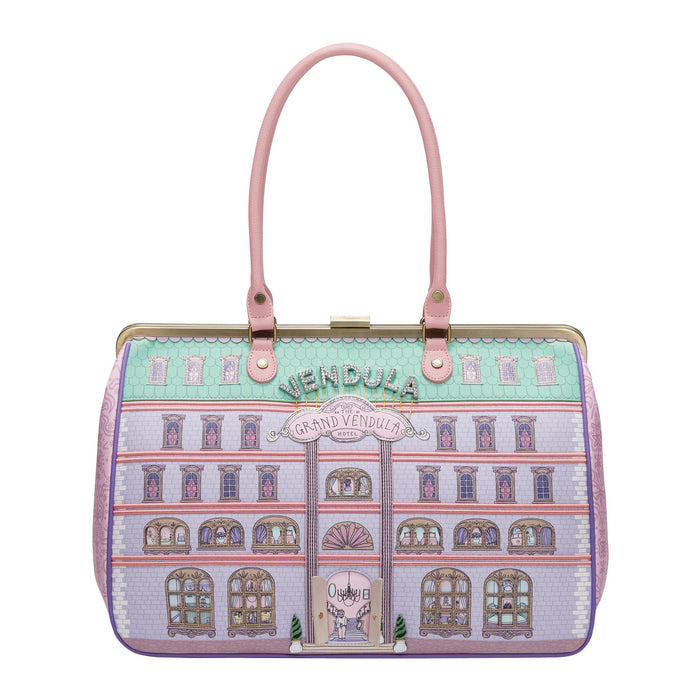 Handbag with architectural design and 'Grand Vendula' text on a white background