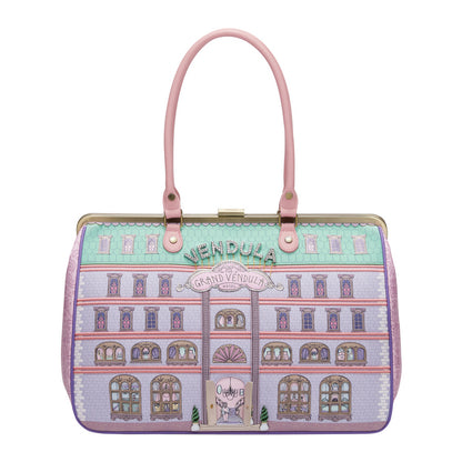 Handbag with architectural design and 'Grand Vendula' text on a white background