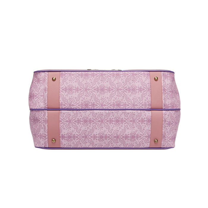 Pink patterned bag with gold accents on a white background