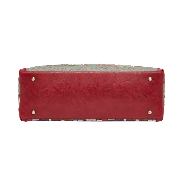 Red handbag with gold studs on a white background