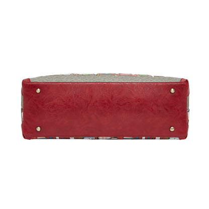 Red handbag with gold studs on a white background