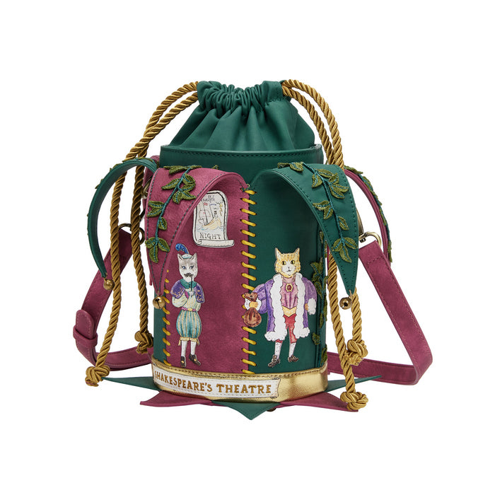 Embroidered drawstring bag with characters from Shakespeare's Theatre on a white background