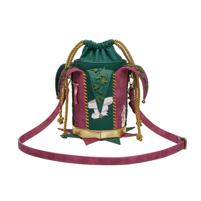 Colorful drawstring bag with decorative elements on a white background