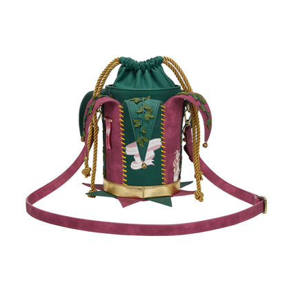 Colorful drawstring bag with decorative elements on a white background