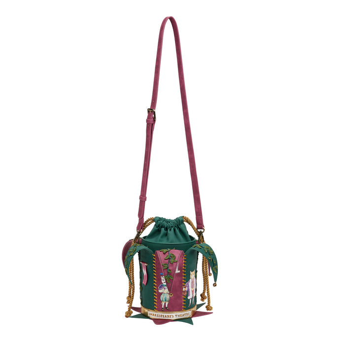 Green drawstring bag with pink strap on a white background